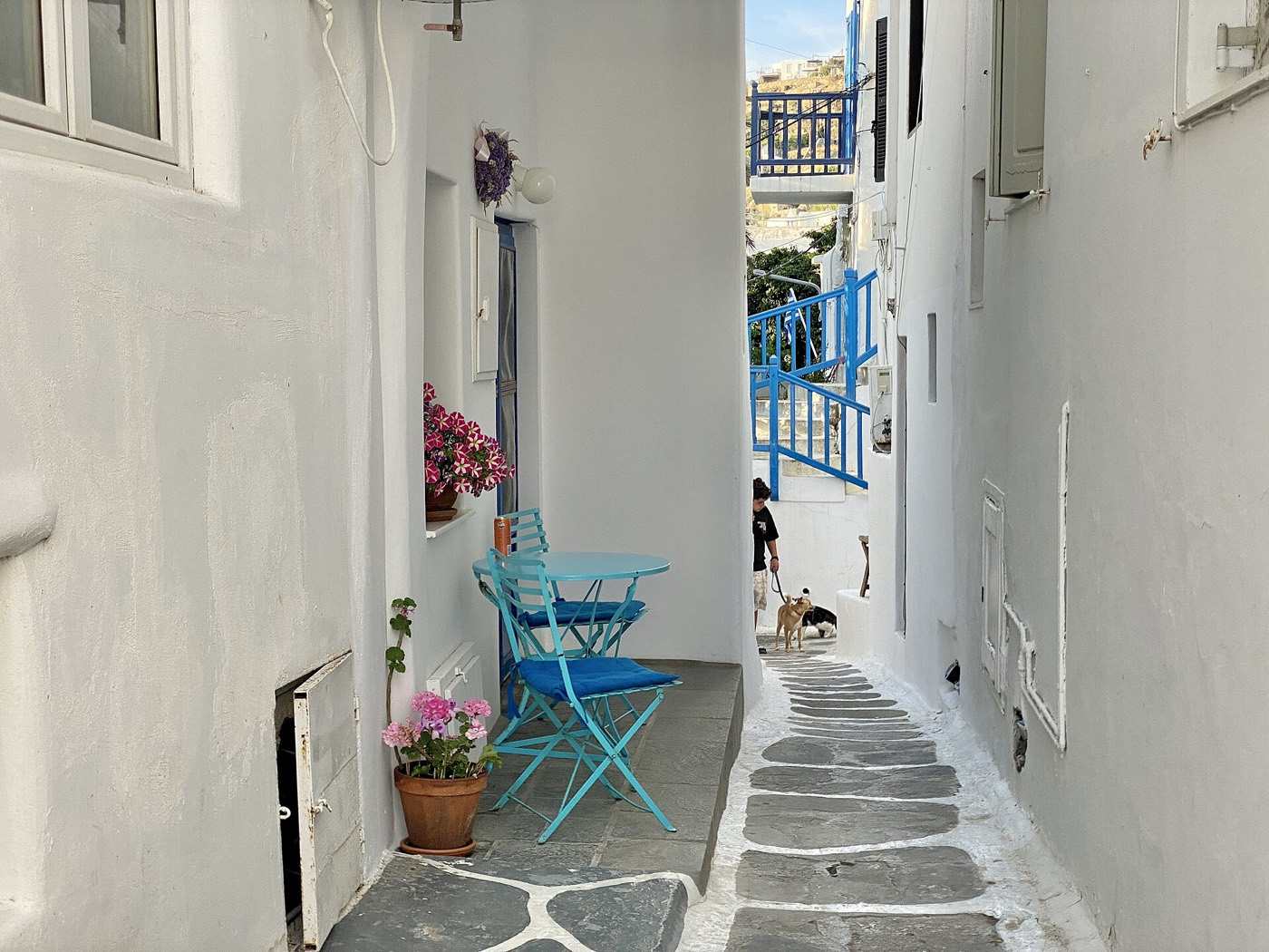 Narrow whitewashed alley in Mykonos Chora