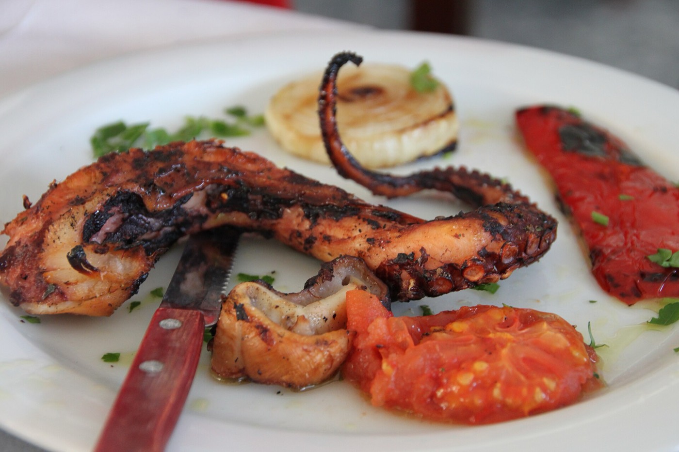 Octopus grilled over charcoal at a Greek taverna